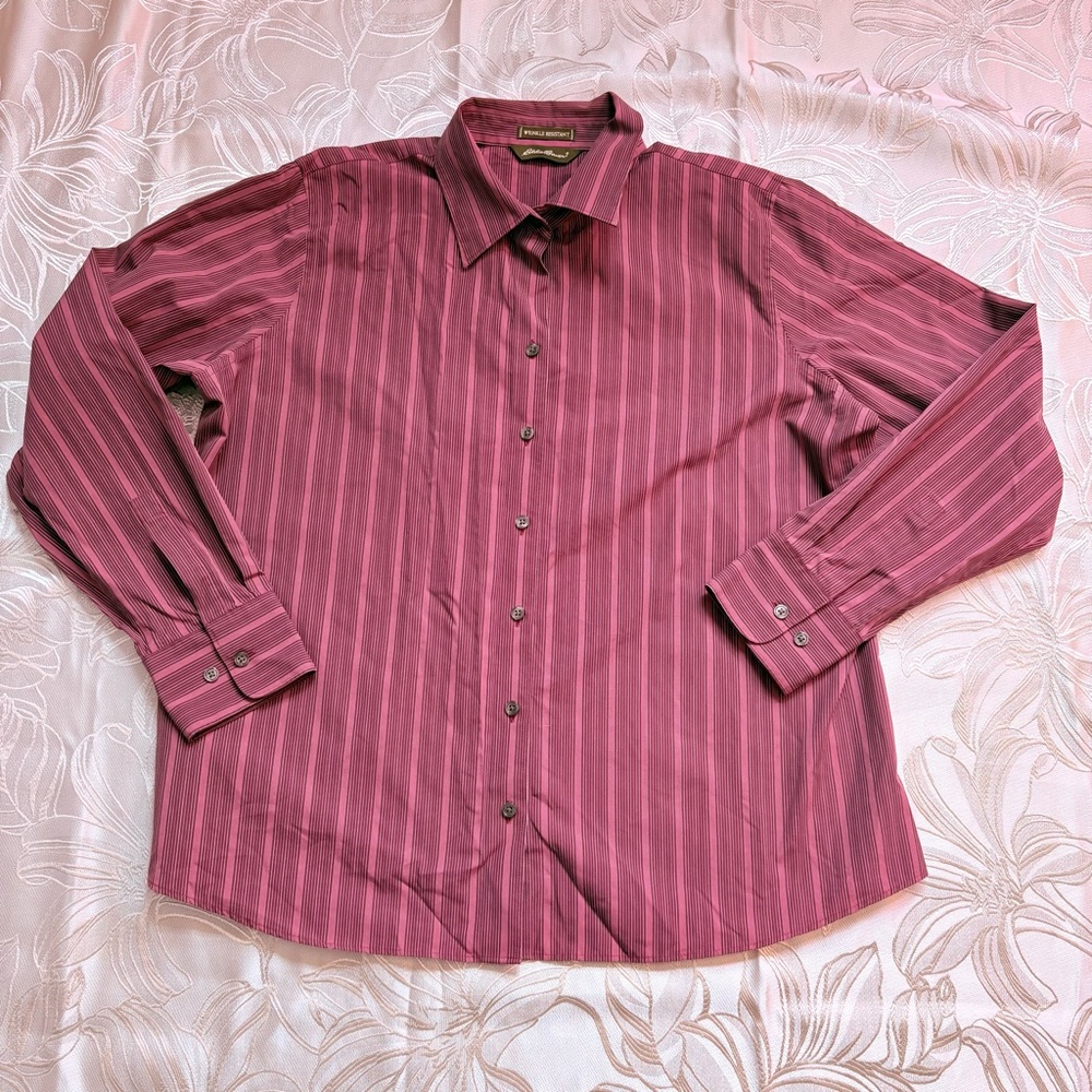 📣ANY 3 @ $33 - $6.99 ship📣 EDDIE BAUER Women's Burgundy Striped Button-Up Dress